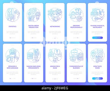 Important skills for life blue gradient onboarding mobile app screen set Stock Vector
