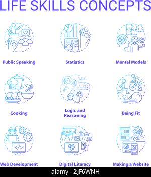 Life skills blue gradient concept icons set Stock Vector