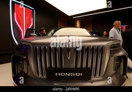 Tel Aviv, Israel. 28th June, 2022. The Hongqi E-HS9 model, a pure-electric luxury SUV, is showcased at the first showroom for China's limousine brand Hongqi in Tel Aviv, Israel, June 28, 2022. Israeli car dealership Samelet Group on Tuesday opened the first showroom for China's limousine brand Hongqi in the central Israeli city of Tel Aviv. Hongqi, meaning 'red flag' in the Chinese language, has grown to be China's iconic marque since its establishment in 1958 through years of limo services for national ceremonial events. Credit: Gil Cohen Magen/Xinhua/Alamy Live News Stock Photo