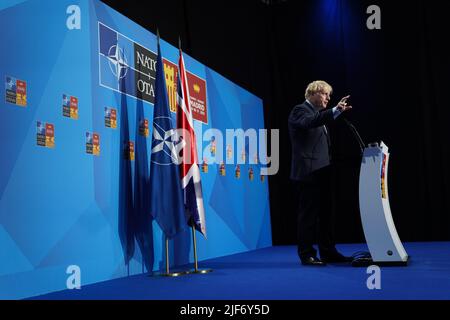 Prime Minister Boris Johnson during a press conference at the Nato summit in Madrid, Spain. Picture date: Thursday June 30, 2022. Stock Photo