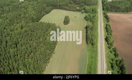 Asphalt road between forest and rural fields in Ural, Russia. Beautiful summer nature landscape at during daytime. Aerial view from a drone Stock Photo