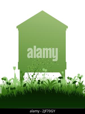 Apiary. Bee hive in meadow. Rural farm landscape. Isolated on white background. Vector. Stock Vector