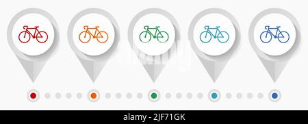 Bicycle concept vector icons, editable infographic template, set of colorful flat design pointers Stock Vector