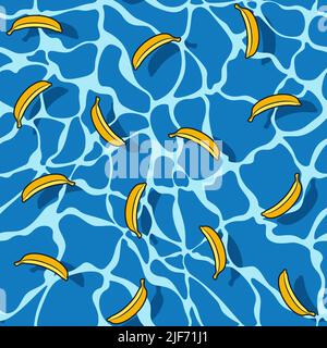 Seamless pattern with bananas in water. Vector colored summer background. Stock Vector