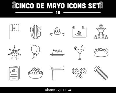 Black Line Art Set Of Cinco De Mayo Icons. Stock Vector