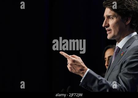 Madrid, Spain. 30th June, 2022. Canada's Prime Minister Justin Trudeau gives a news conference on the final day of a NATO summit in Madrid, Spain, Thursday, June 30, 2022. Photo by Paul Hanna/UPI Credit: UPI/Alamy Live News