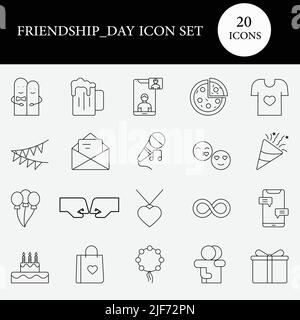 Black Thin Line Art Of Friendship Day Icon Set. Stock Vector