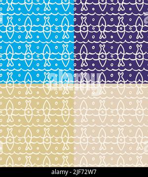 Sea waves, fish contours seamless pattern. Childish cute cartoon style illustration, white monochrome doodle line for web templates. Blue beige marine Stock Vector