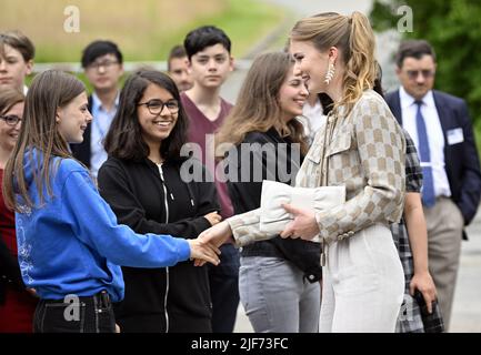 Leuven, Belgium, 30 June 2022. Crown Princess Elisabeth pictured during the opening of the 'Princess Elisabeth Additive Manufacturing Lab' 3D-printing laboratory at the KU Leuven University in Leuven, Thursday 30 June 2022. BELGA PHOTO ERIC LALMAND Stock Photo