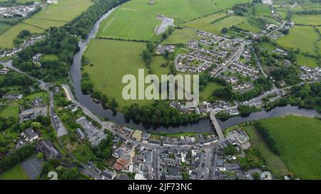 A beautiful aerial view of the river flowing through Thomastown, County Kilkenny, Ireland Stock Photo