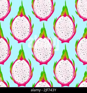 Seamless pattern with iIllustration of a pitahaya on a blue background Stock Vector