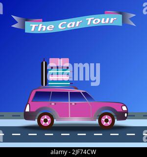 Car with luggage on roof driving along highway. Banner with text - The Car Tour. Suitcases on automobile roof. Traveling by auto on blue background. T Stock Vector