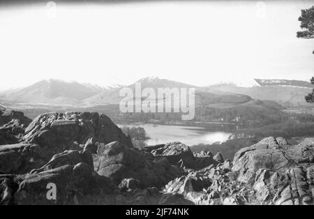 1950s, historical view from this era of Derwent water and Causey Pike in the Lake District, Cumbria, England, UK, as seen from Castle Head. Stock Photo