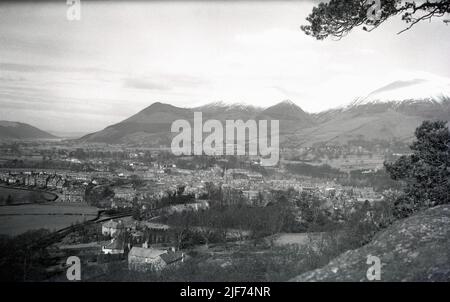 1952, historical view from this era of the town of Keswick in the Lake District, Cumbria, England, UK, as seen from Castle Head. Stock Photo