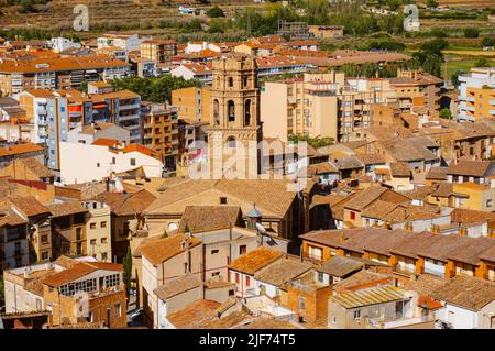 aerial view of the old town of Monzon, in the province of Huesca, in Aragon, Spain, highlighting the belfry of the Cathedral of Santa Maria del Romera Stock Photo