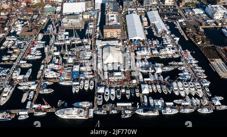 Stock Pictures of the Newport Harbor in late afternoon sun with the Newport Boat show back after a years hiatus due to COVID 19.  Newport Rhode Island Stock Photo