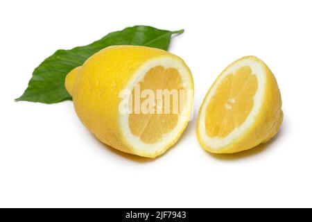 Halved Amalfi lemon close up isolated on white background Stock Photo