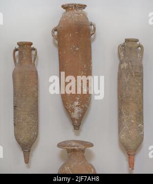 Late Roman Period. North African cylindrical amphorae (used between 3rd to 6th century AD). Found in 1961 from the site of a 5th century AD shipwreck at the mouth of Xlendi Bay (island of Gozo, Malta). Gozo Museum of Archaeology. Cittadela of Victoria in Gozo. Malta. Stock Photo