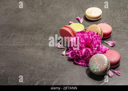 Macarons with peony flower on a stone background. Sweet dessert, colorful and pastel colors. Romantic style, festive card, flat lay, hard light, dark Stock Photo