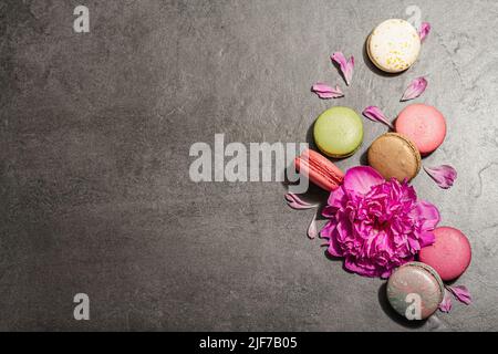 Macarons with peony flower on a stone background. Sweet dessert, colorful and pastel colors. Romantic style, festive card, flat lay, hard light, dark Stock Photo