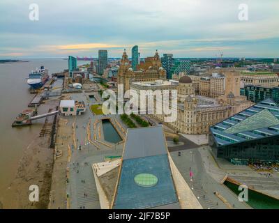 Three Graces building including Royal Liver Building, Cunard and Port Liverpool Building on Pier Head in Liverpool, Merseyside, UK. Liverpool Maritime Stock Photo