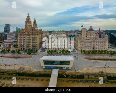 Three Graces building including Royal Liver Building, Cunard and Port Liverpool Building on Pier Head in Liverpool, Merseyside, UK. Liverpool Maritime Stock Photo