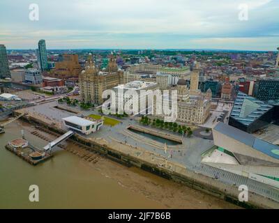 Three Graces building including Royal Liver Building, Cunard and Port Liverpool Building on Pier Head in Liverpool, Merseyside, UK. Liverpool Maritime Stock Photo