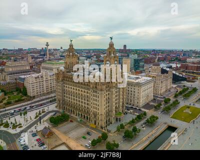 Three Graces building including Royal Liver Building, Cunard and Port Liverpool Building on Pier Head in Liverpool, Merseyside, UK. Liverpool Maritime Stock Photo