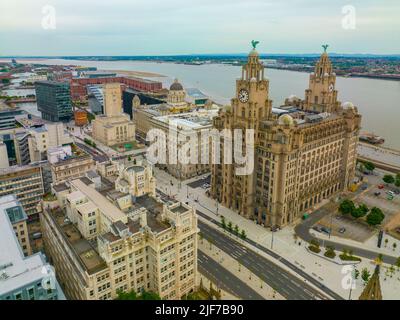 Three Graces building including Royal Liver Building, Cunard and Port Liverpool Building on Pier Head in Liverpool, Merseyside, UK. Liverpool Maritime Stock Photo