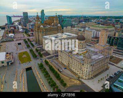 Three Graces building including Royal Liver Building, Cunard and Port Liverpool Building on Pier Head in Liverpool, Merseyside, UK. Liverpool Maritime Stock Photo