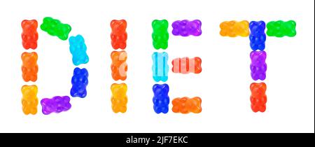 Colorful gummy bears arranged into a word DIET on white background. Low sugar intake concept. Stock Photo