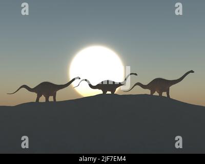 Three dinosaurs diplodocus  at dawn Stock Photo