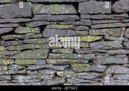 The stone fortification wall is covered with yellow moss. Grey and yellow abstract stone texture background Stock Photo