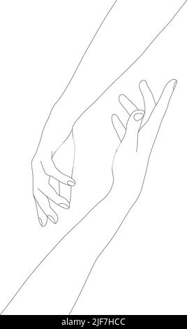 Holding hands. Palms in one line. Hands on a white isolated background. Hand in hand. A thin drawing line. Stock Vector