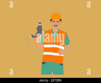 Repairman. Person with technical assistance hurries to the rescue. Holding toolbox in hand. Vector illustration flat design. Isolated on white Stock Vector