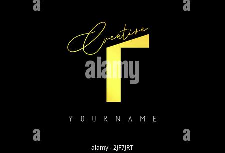Creative golden T logo with cuts and handwritten text concept design. Letter with geometric design. Vector Illustration with letter and creative cut. Stock Vector