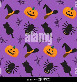 Halloween style seamless pattern in funny cartoon style. Print for autumn seasonal design and decor. Celebration and party spirit. Cute and nice Stock Vector
