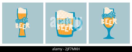 Set of hand drawing vector illustrations of various beer glass and mugs. Lettering craft beer. Design for a small brewery or beer festival. Stock Vector