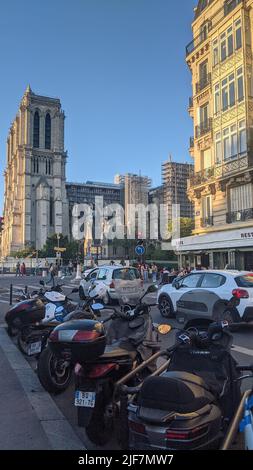Street view of Notre Dame de Paris under construction Stock Photo