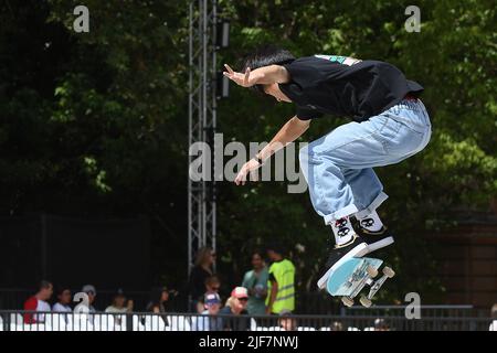 Rome, Italy. 28th June, 2022. Yuto Horigome during Street Skateboarding, Roma, Italia, at the Colle Oppio Skate Park, 28 Jun 2022 (Photo by AllShotLive/Sipa USA) Credit: Sipa USA/Alamy Live News Stock Photo