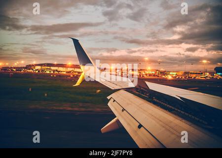 Airplane window view of Panama City airport. Selective Focus, travel concept. Stock Photo