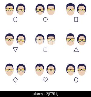 Set of silhouettes of various types of sunglasses. Faces shapes to glasses frames comparison scheme. Vector illustration. Stock Vector