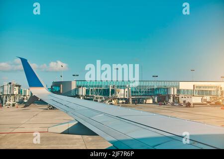 Airplane window view of Panama City airport. Selective Focus, travel concept. Stock Photo