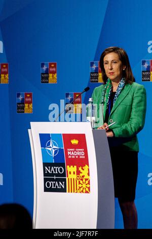 Madrid, Spain. 30th June, 2022. NATO Summit in Madrid. Press conference about the role of women at this time. Margarita Robles, Minister of Defence of Spain. IFEMA, Madrid, Spain. Credit: EnriquePSans/Alamy Live News