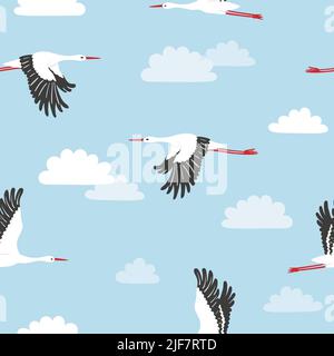 Seamless flying stork birds and clouds pattern. Vector illustration. Stock Vector