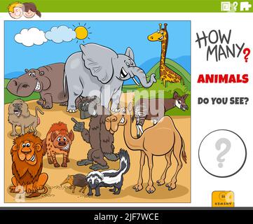 Illustration of educational counting game for children with cartoon wild animals characters group Stock Vector