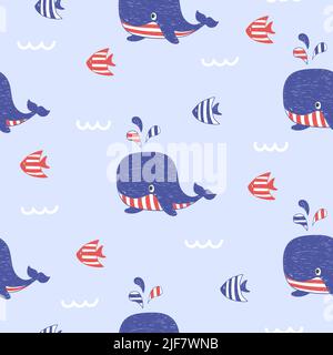 Seamless childish pattern with hand drawn whales and fish. Sea life. Stock Vector