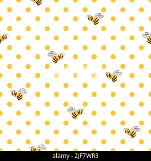 Seamless honey pattern with bee and honeycomb. Polka dot vector print Stock Vector