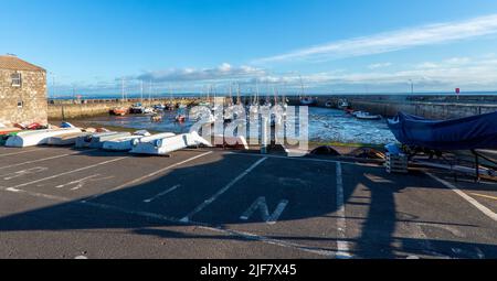 Boats moored at the harbour at Fisherow in Musselburgh, East Lothian, Scotland, UK Stock Photo