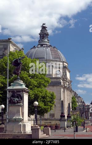 Cardiff City Hall, side view, and dragon domed roof. June 2022, summer. Stock Photo